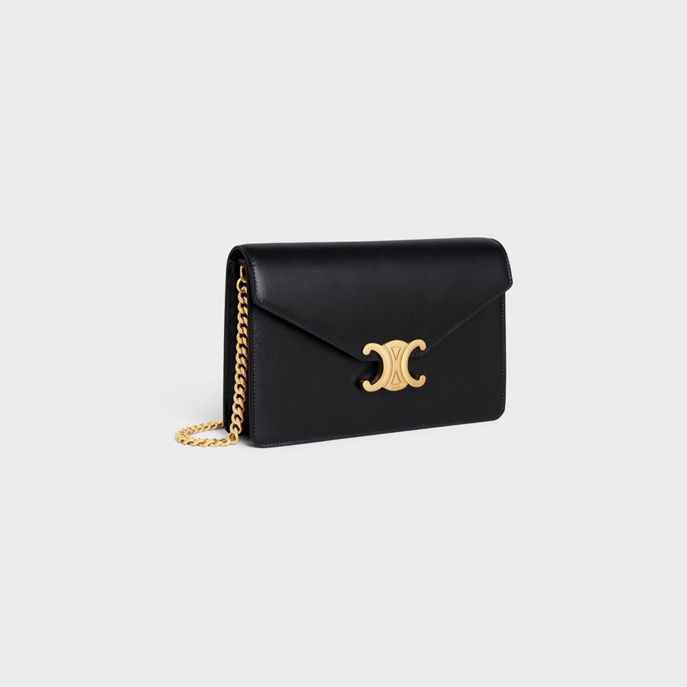 CELINE Black Leather Chain Shoulder Bag/ Wallet on Chain Margo in Shiny Calfskin